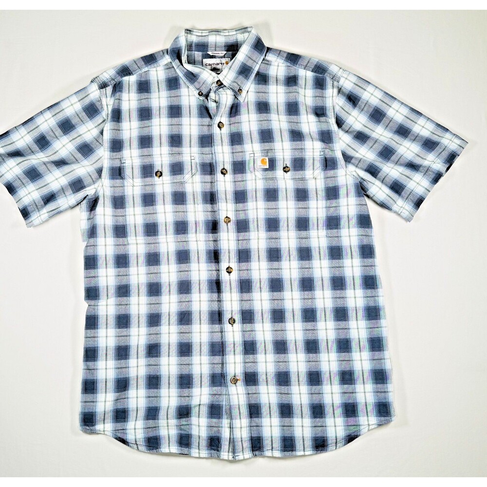 Carhartt Mens M Short Sleeve Shirt Blue Plaid Midweight Original Fit Cotton